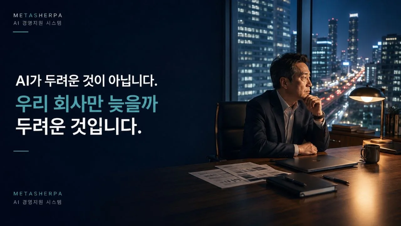 늦은 밤 대표실에서 빠르게 변하는 도시를 바라보는 경영자와 AI 시대에 뒤처질지 모른다는 문제의식