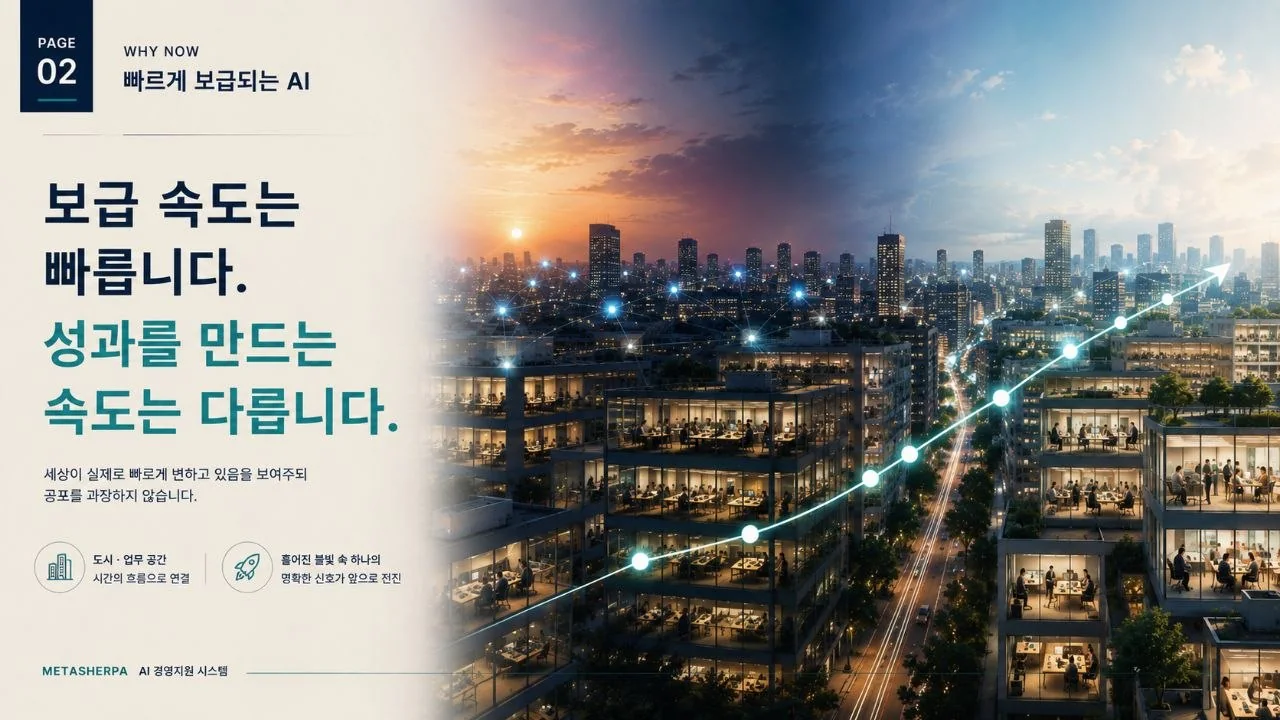 전통 업무와 AI 활용 업무를 대비해 변화 속도의 차이를 보여주는 장면